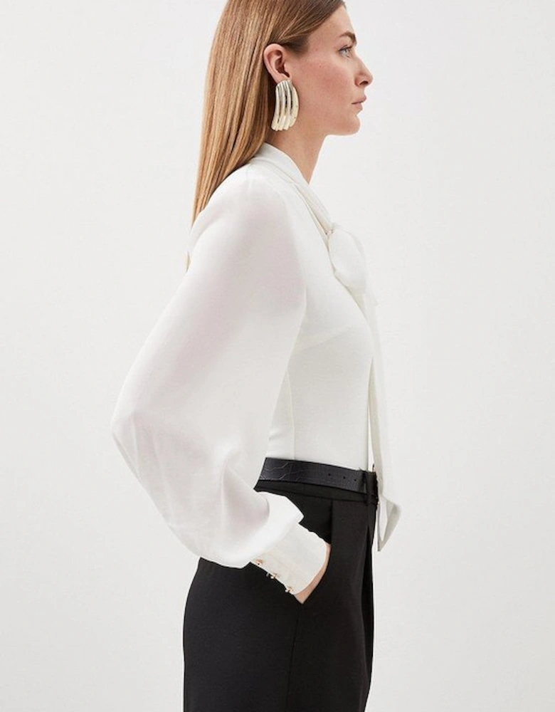 Jersey Ponte And Georgette Mix Tie Neck Long Sleeve Bodysuit