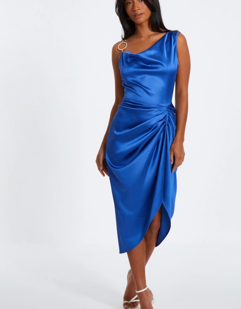 Indigo Satin Ruched Midi Dress