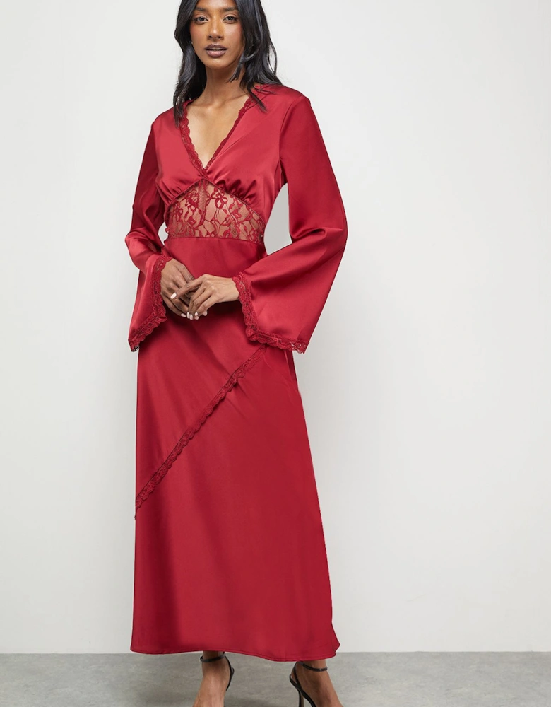 Satin Lace Insert Flute Sleeve Midi Dress