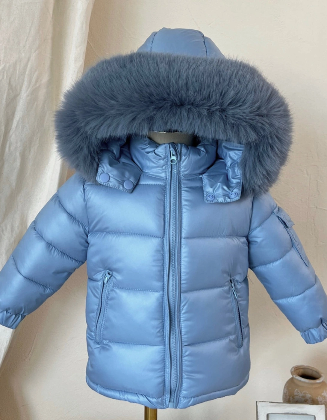Boys Airy Blue Faux Fur Puffer Coat, 4 of 3