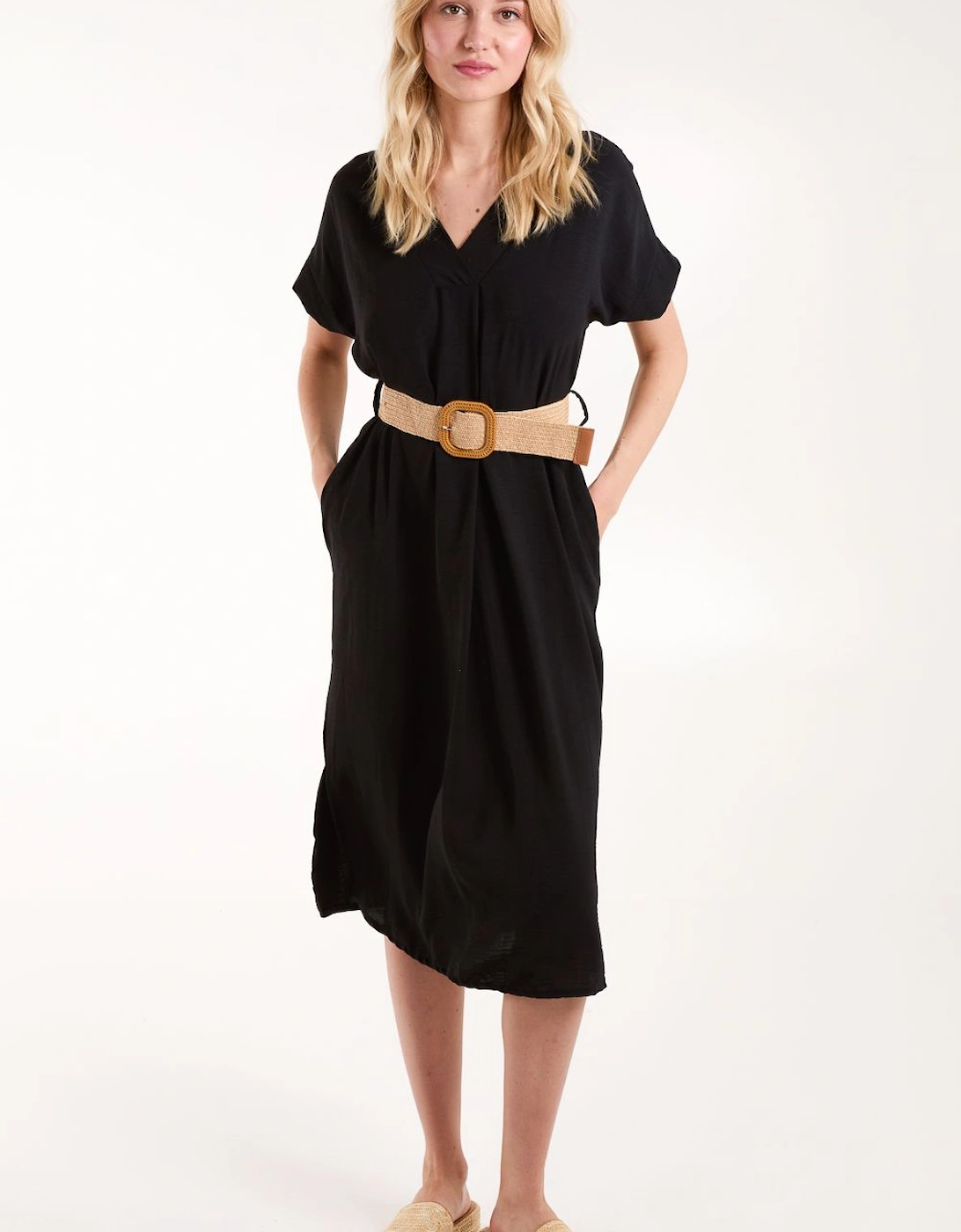 V Neck Midi Dress with Belt, 2 of 1