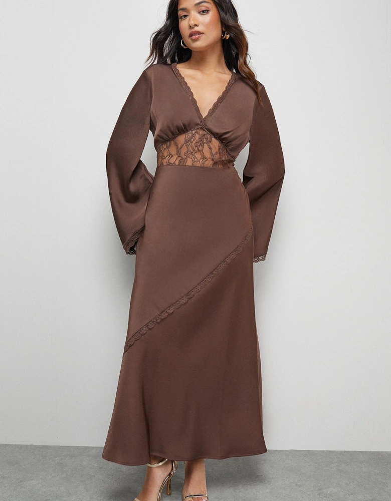 Petite Satin Lace Insert Flute Sleeve Midi Dress