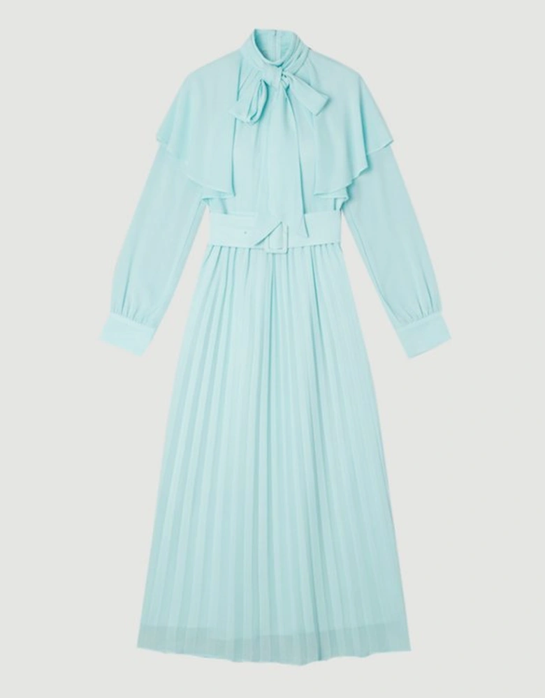 Pussy Bow Tie Georgette Belted Woven Midi Dress