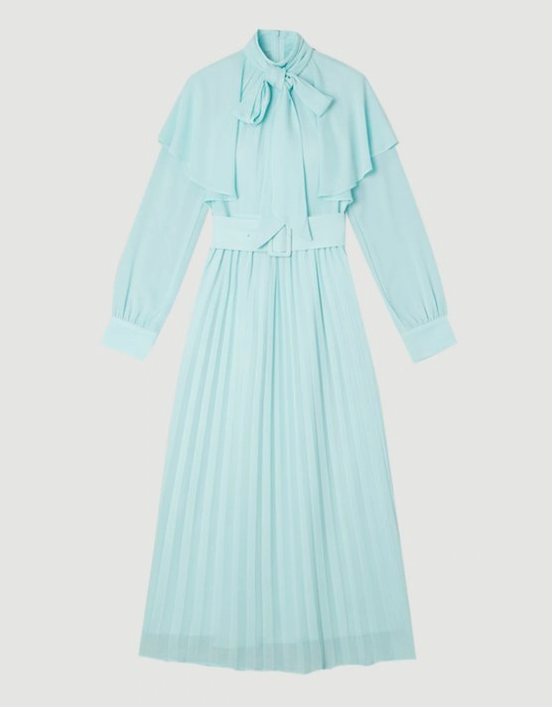 Pussy Bow Tie Georgette Belted Woven Midi Dress