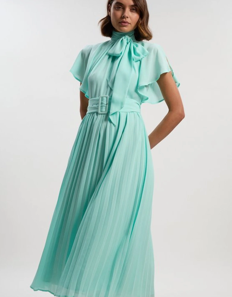 Pussy Bow Tie Georgette Belted Woven Midi Dress