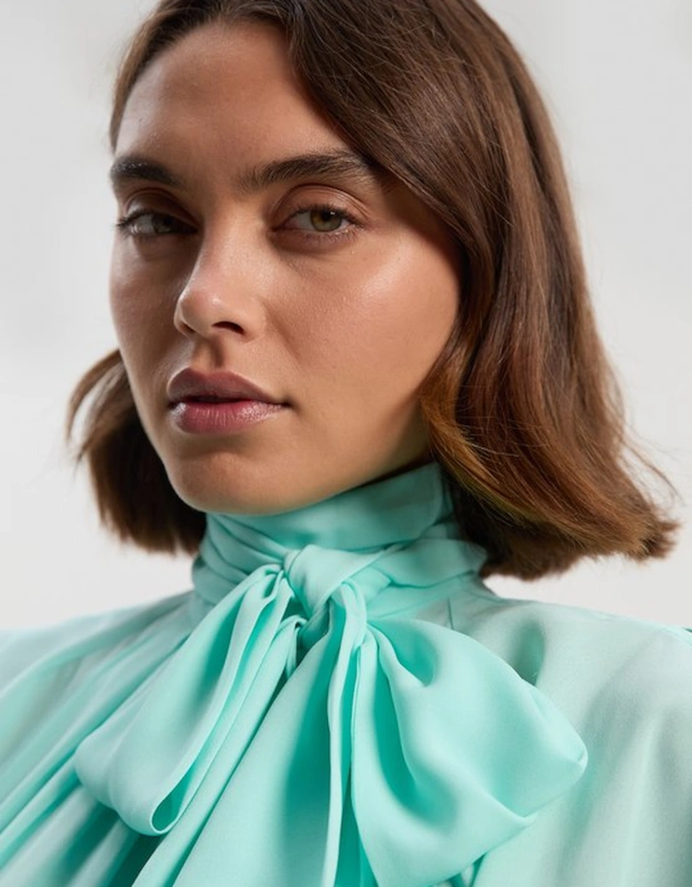 Pussy Bow Tie Georgette Belted Woven Midi Dress