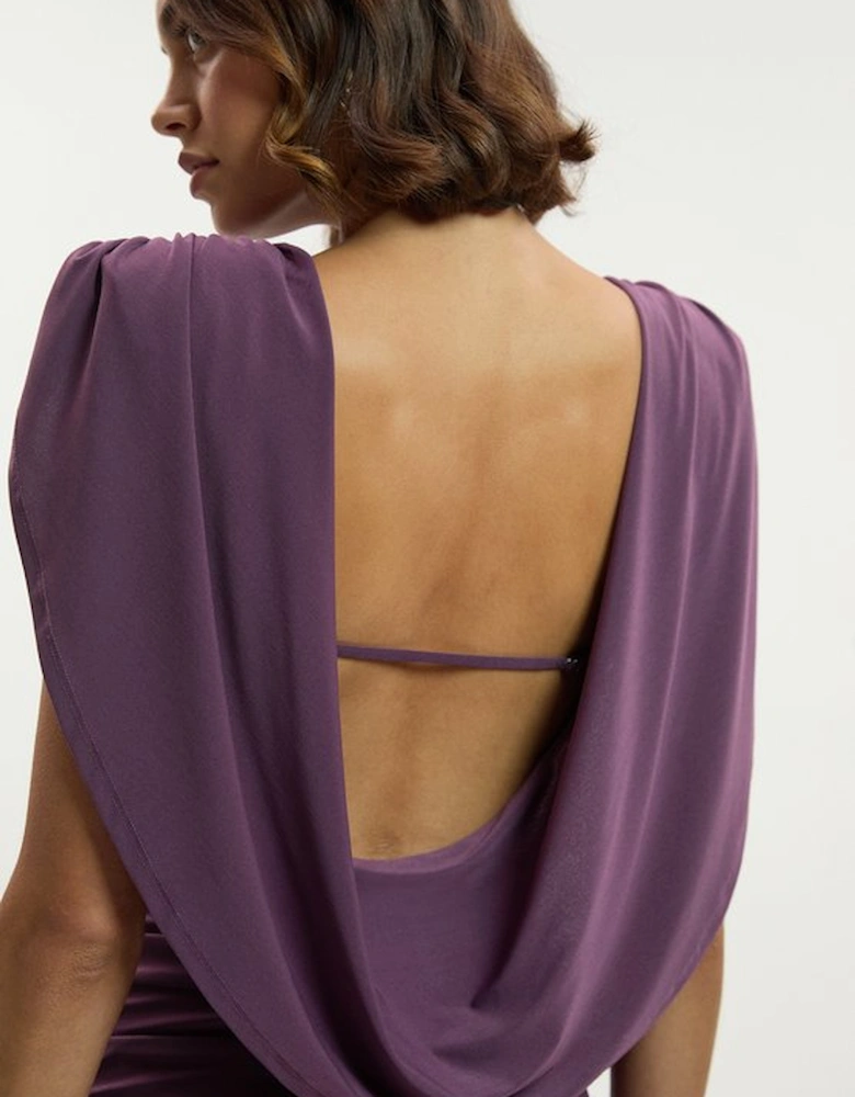 Stretch Drapey Crepe Ruched Plunge Back Detail Midi Dress