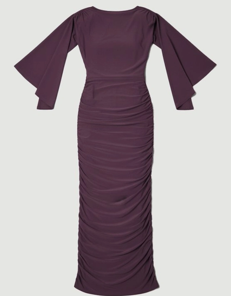 Stretch Drapey Crepe Ruched Plunge Back Detail Midi Dress