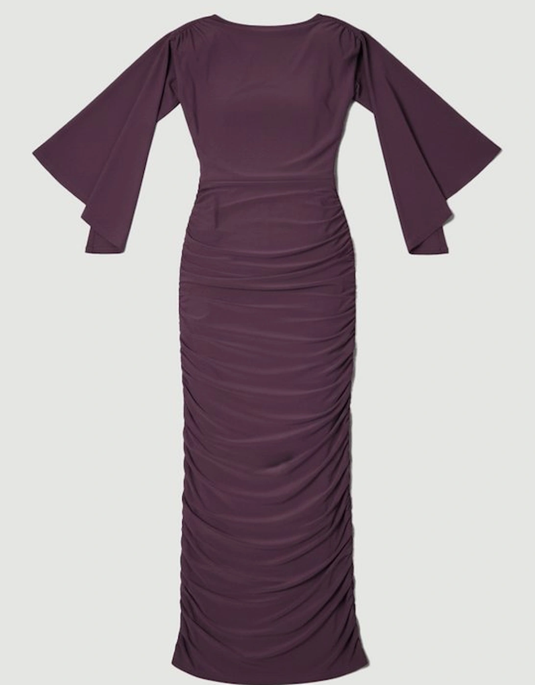 Stretch Drapey Crepe Ruched Plunge Back Detail Midi Dress