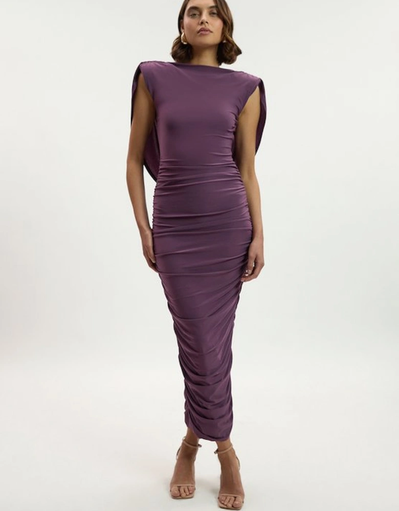 Stretch Drapey Crepe Ruched Plunge Back Detail Midi Dress