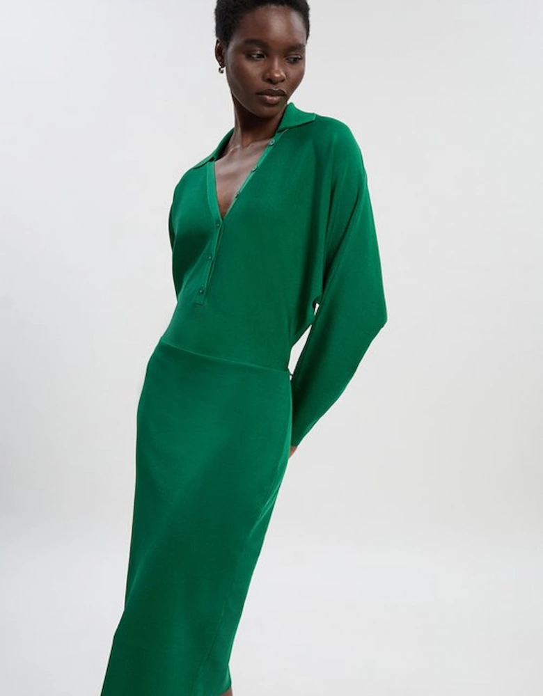 Viscose Blend Slinky Batwing Button Neck Knit Midi Dress