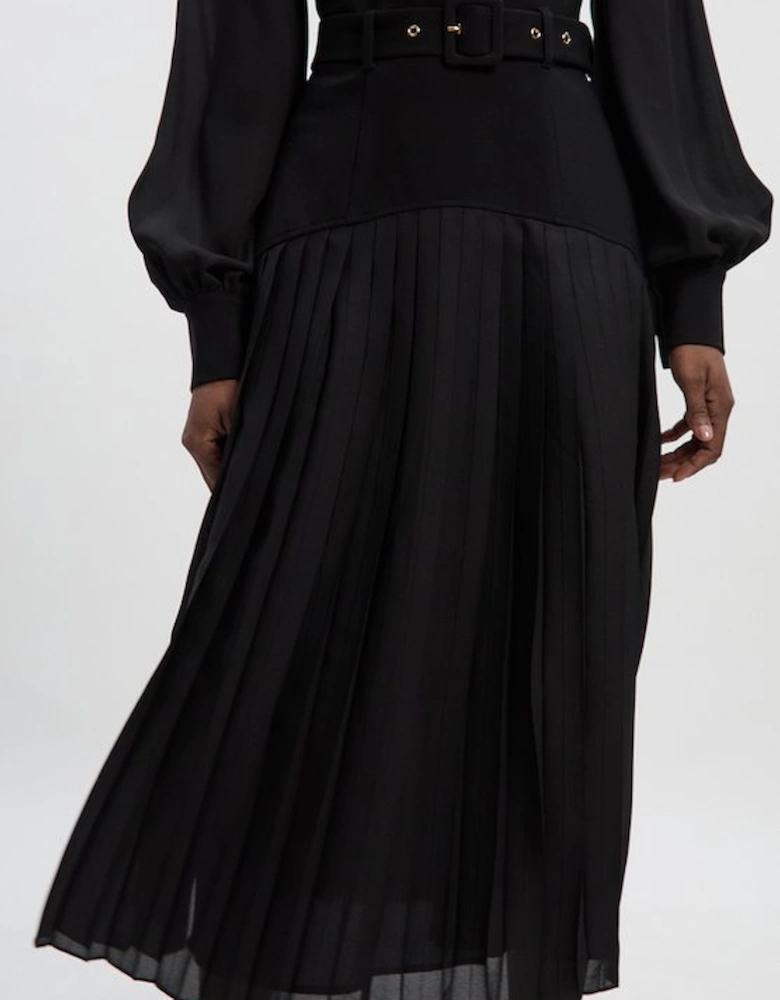 Ponte And Georgette Mix Balloon Sleeve Cut Out Detail Pleated Maxi Dress
