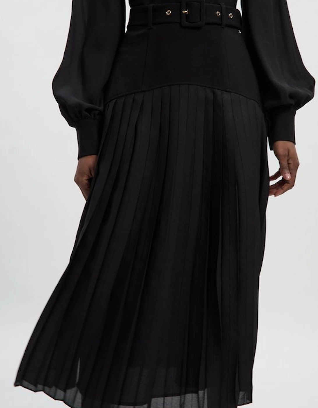 Ponte And Georgette Mix Balloon Sleeve Cut Out Detail Pleated Maxi Dress