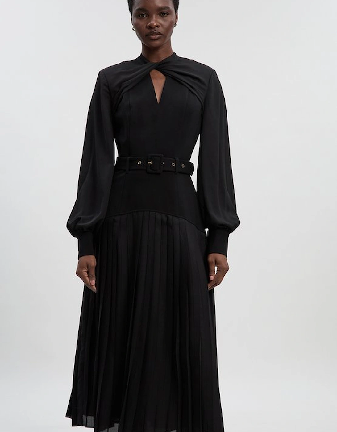 Ponte And Georgette Mix Balloon Sleeve Cut Out Detail Pleated Maxi Dress