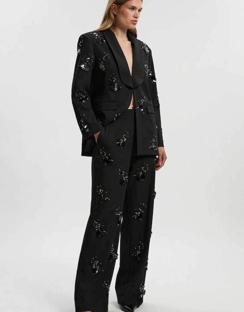 Cluster Sequin & Crystal Embellished Tailored Wide Leg Trouser