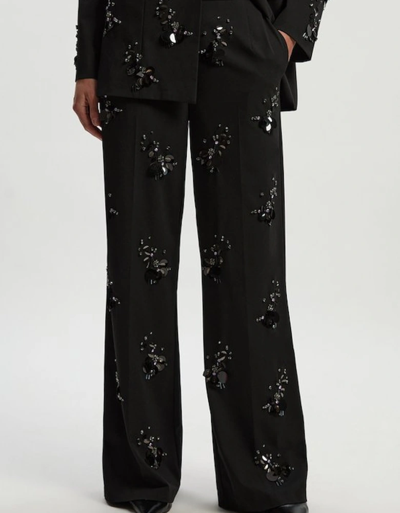 Cluster Sequin & Crystal Embellished Tailored Wide Leg Trouser