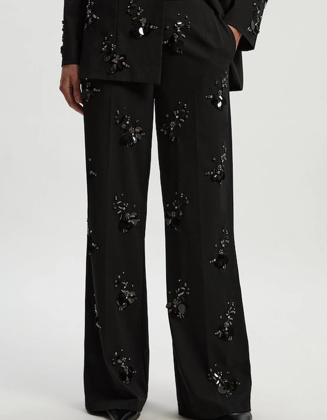 Cluster Sequin & Crystal Embellished Tailored Wide Leg Trouser