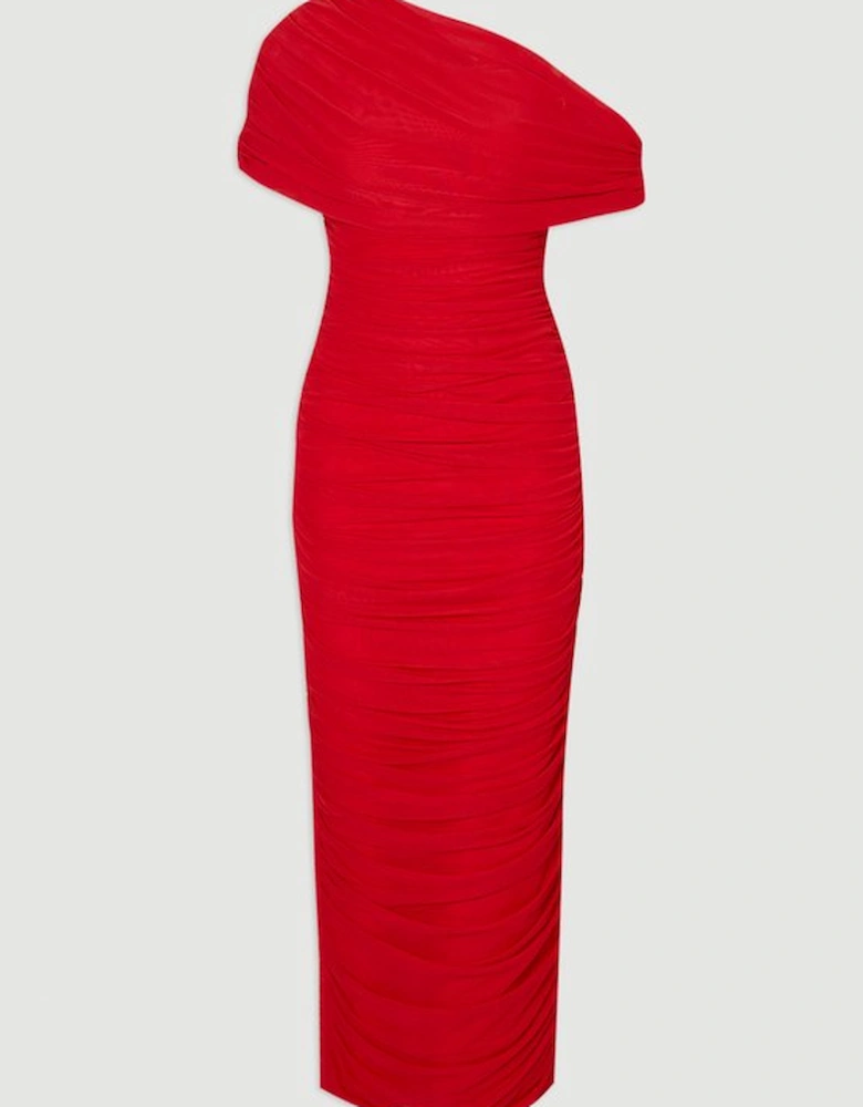 Bandage Mesh Gathered Asymmetric Neck Knitted Maxi Dress