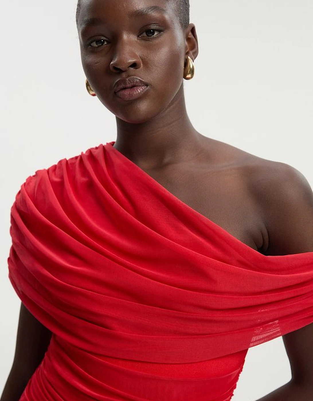 Bandage Mesh Gathered Asymmetric Neck Knitted Maxi Dress