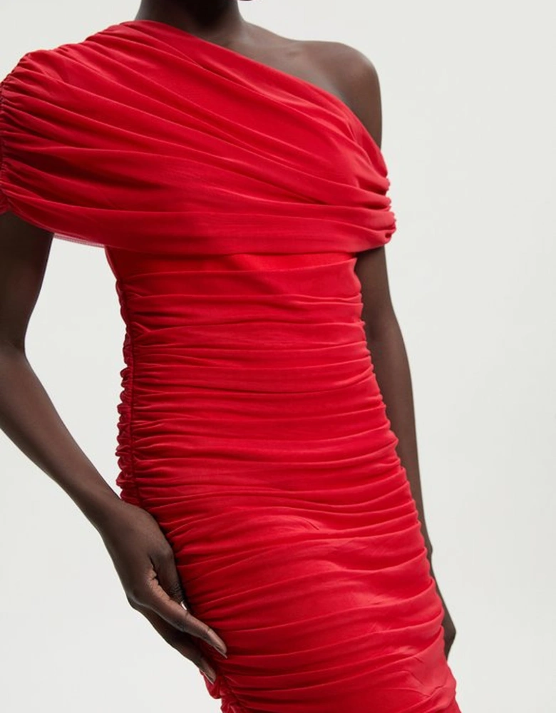 Bandage Mesh Gathered Asymmetric Neck Knitted Maxi Dress