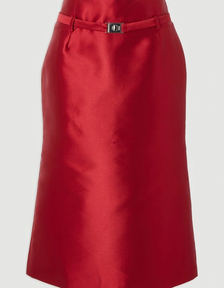 Satin Twill Belted Tailored Midi Skirt
