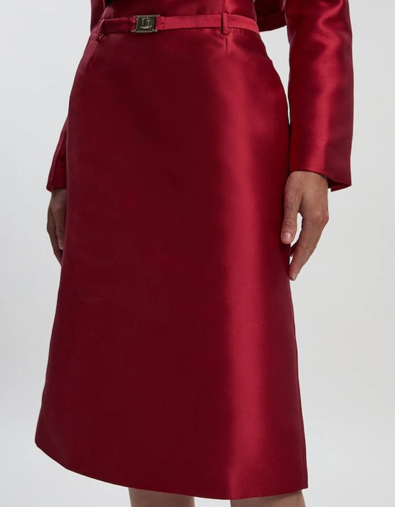 Satin Twill Belted Tailored Midi Skirt