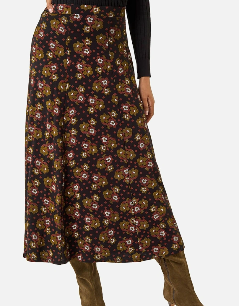 Floral Print Stretch Midi Skirt