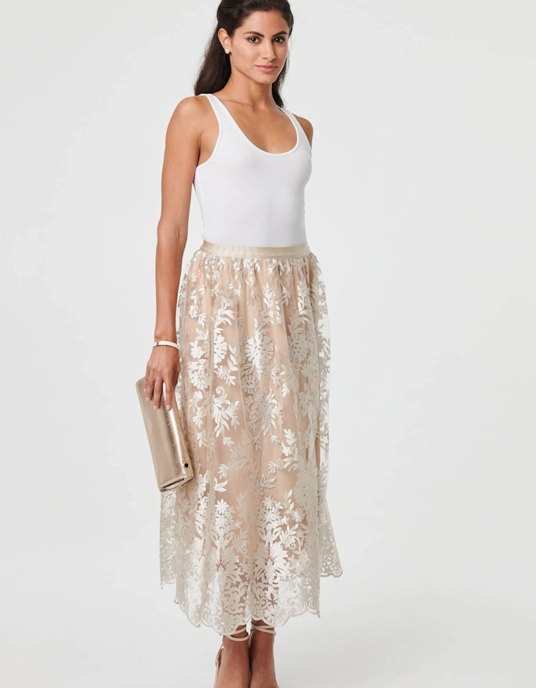 Floral Embellished High Waist Midi Skirt