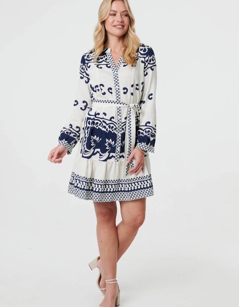 Border Print Tie Waist Short Shirt Dress