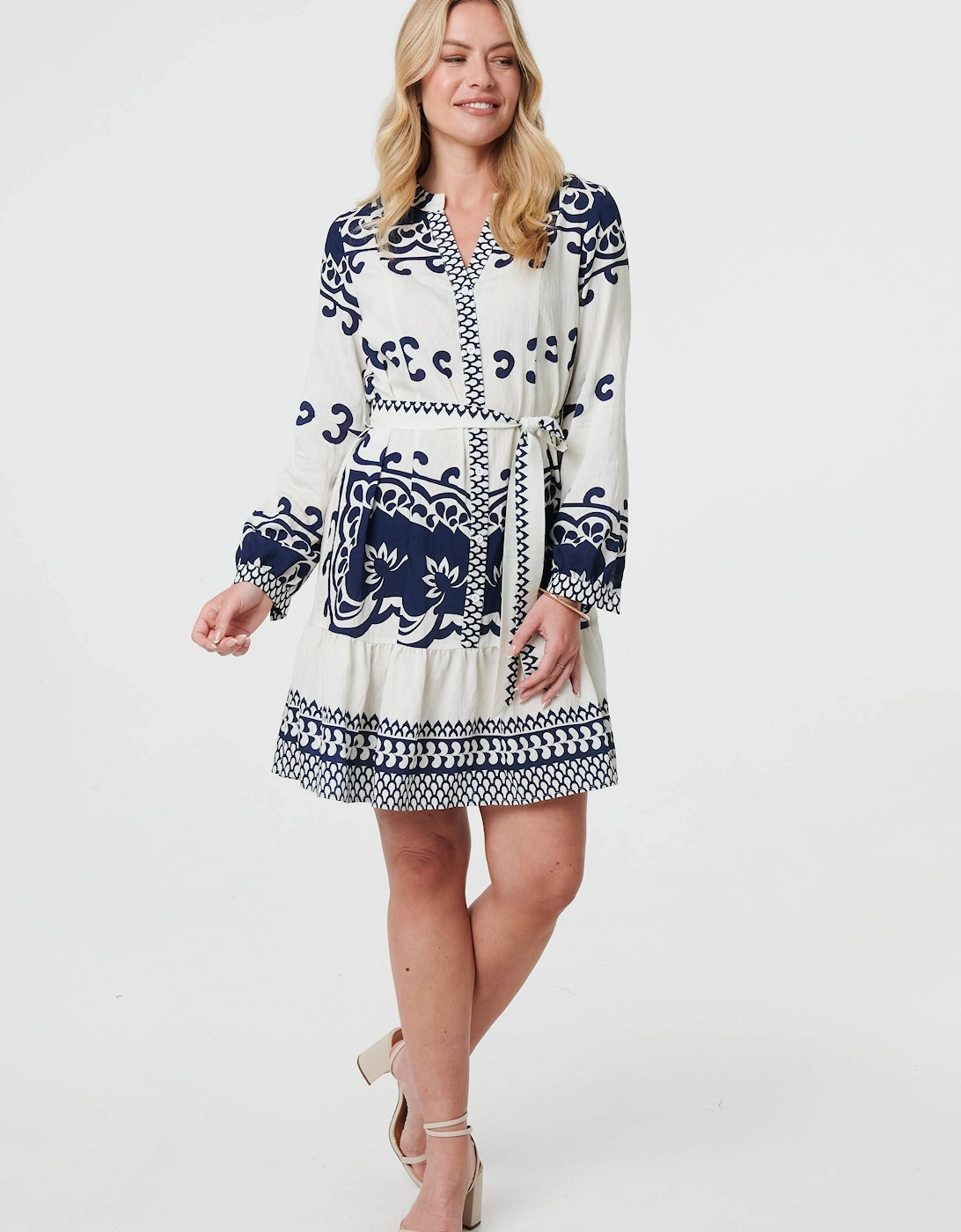 Border Print Tie Waist Short Shirt Dress, 2 of 1
