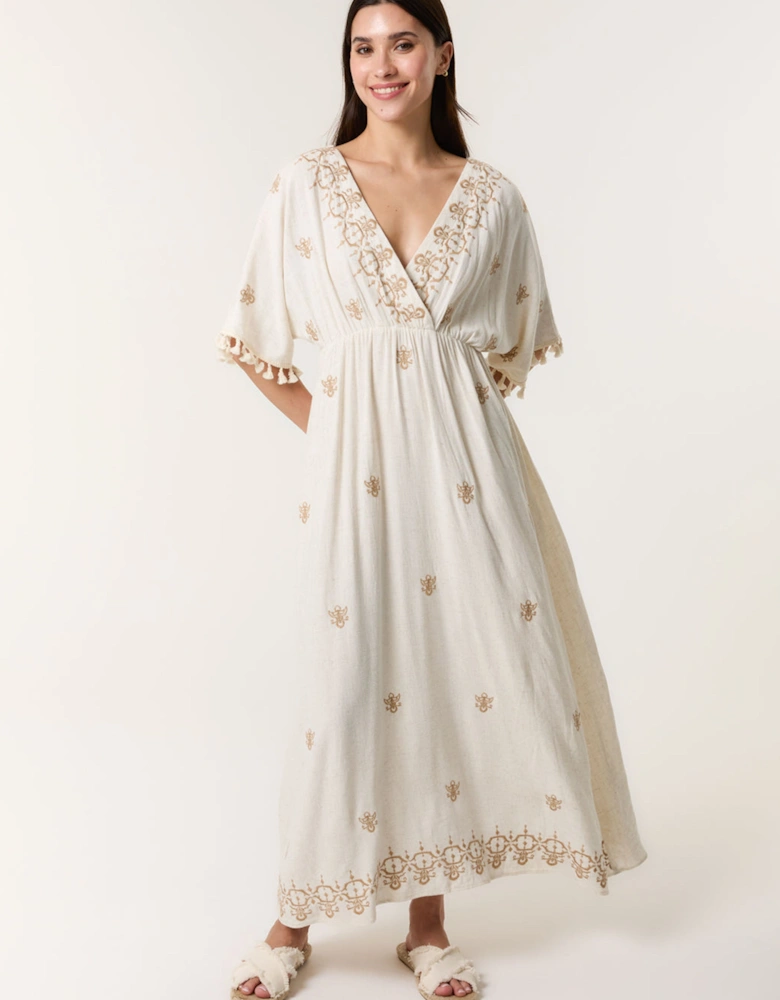 Off White Embroidered Tassel Sleeve Maxi Dress