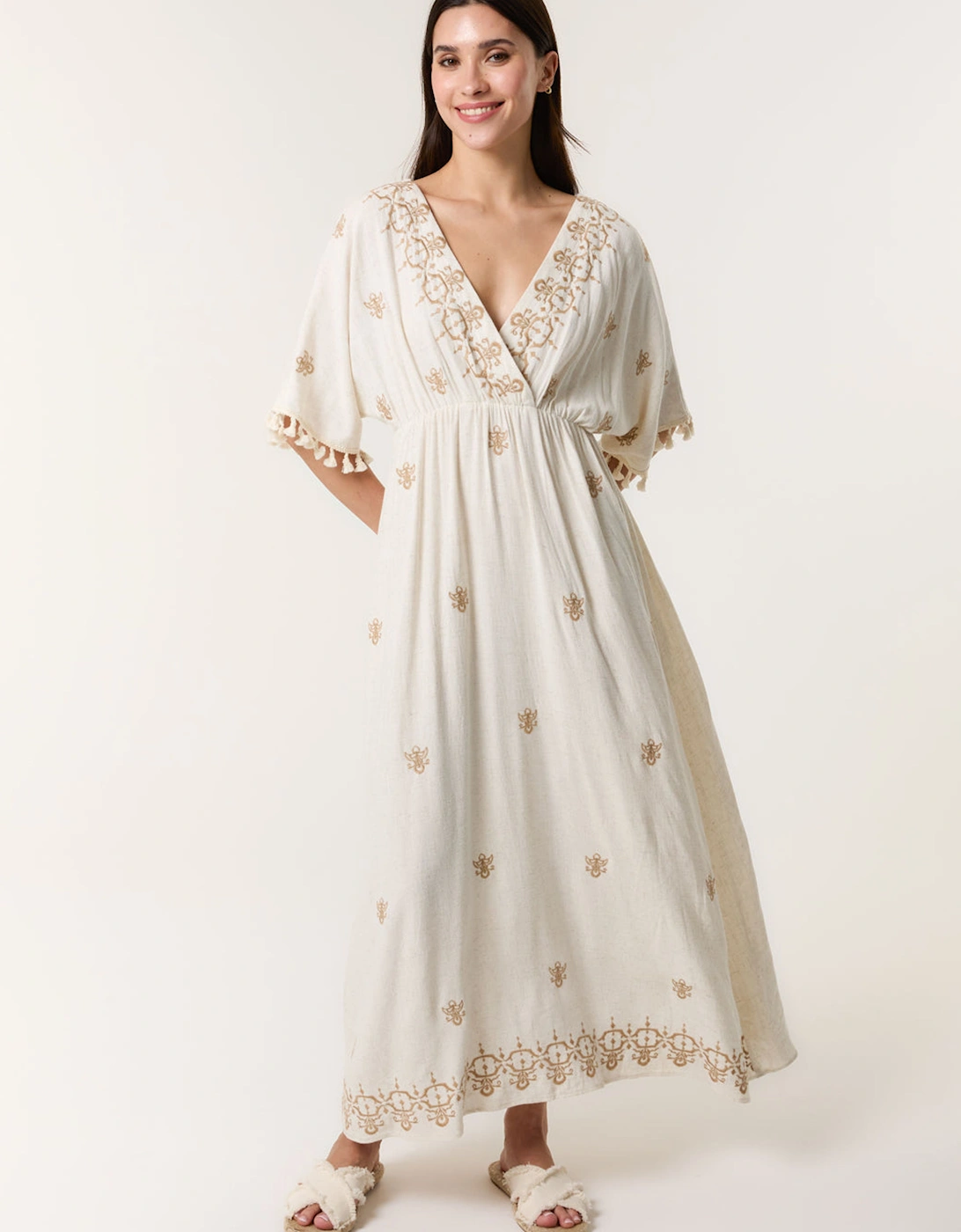 Off White Embroidered Tassel Sleeve Maxi Dress, 2 of 1