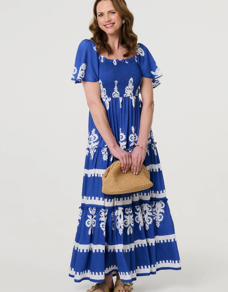 Ikat Print Short Angel Sleeve Maxi Dress