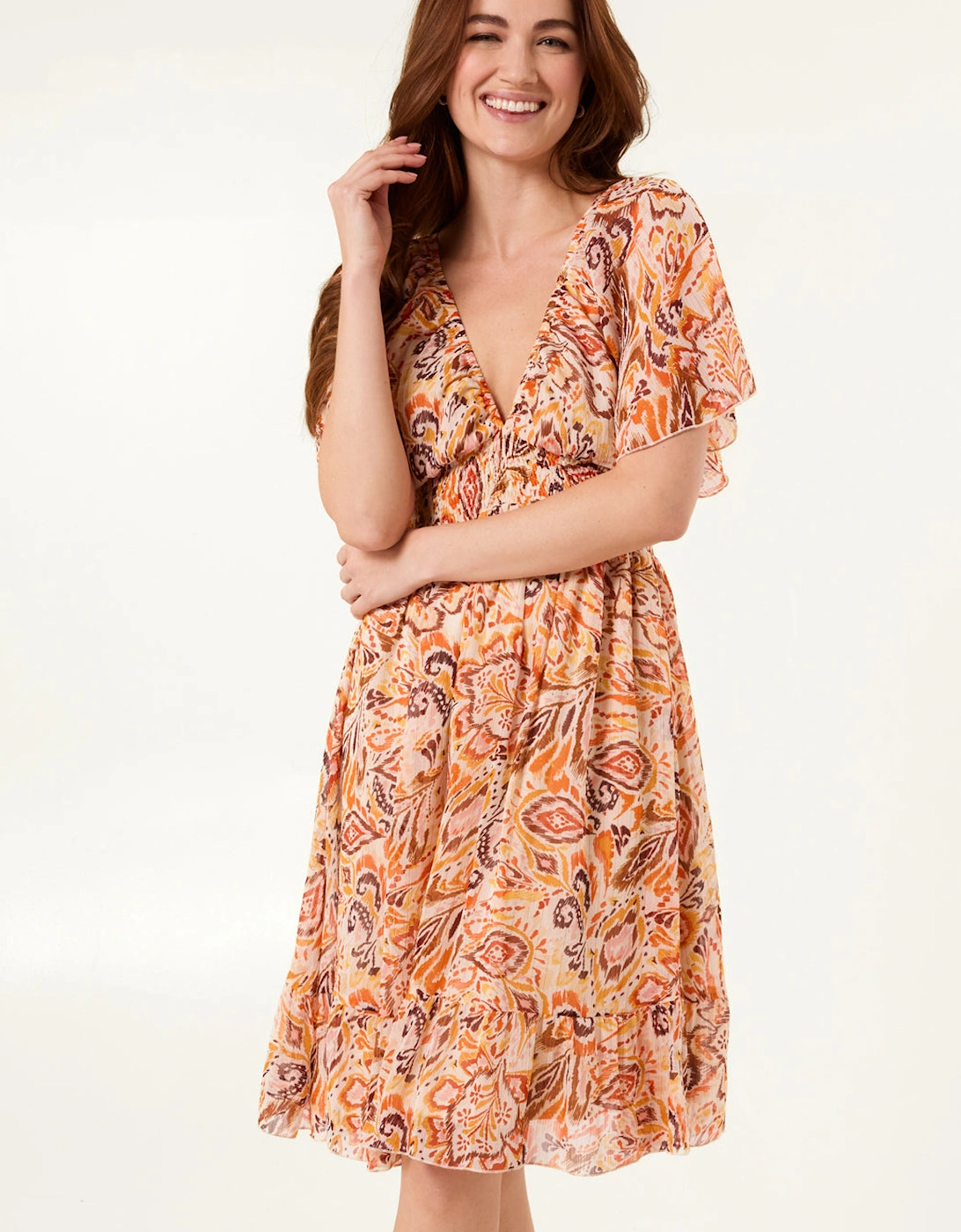 Orange V Neck Shirred Waist Mini Dress, 2 of 1