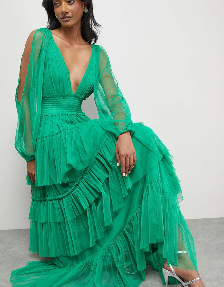 Tulle Long Sleeve Cinched Waist Maxi Dress