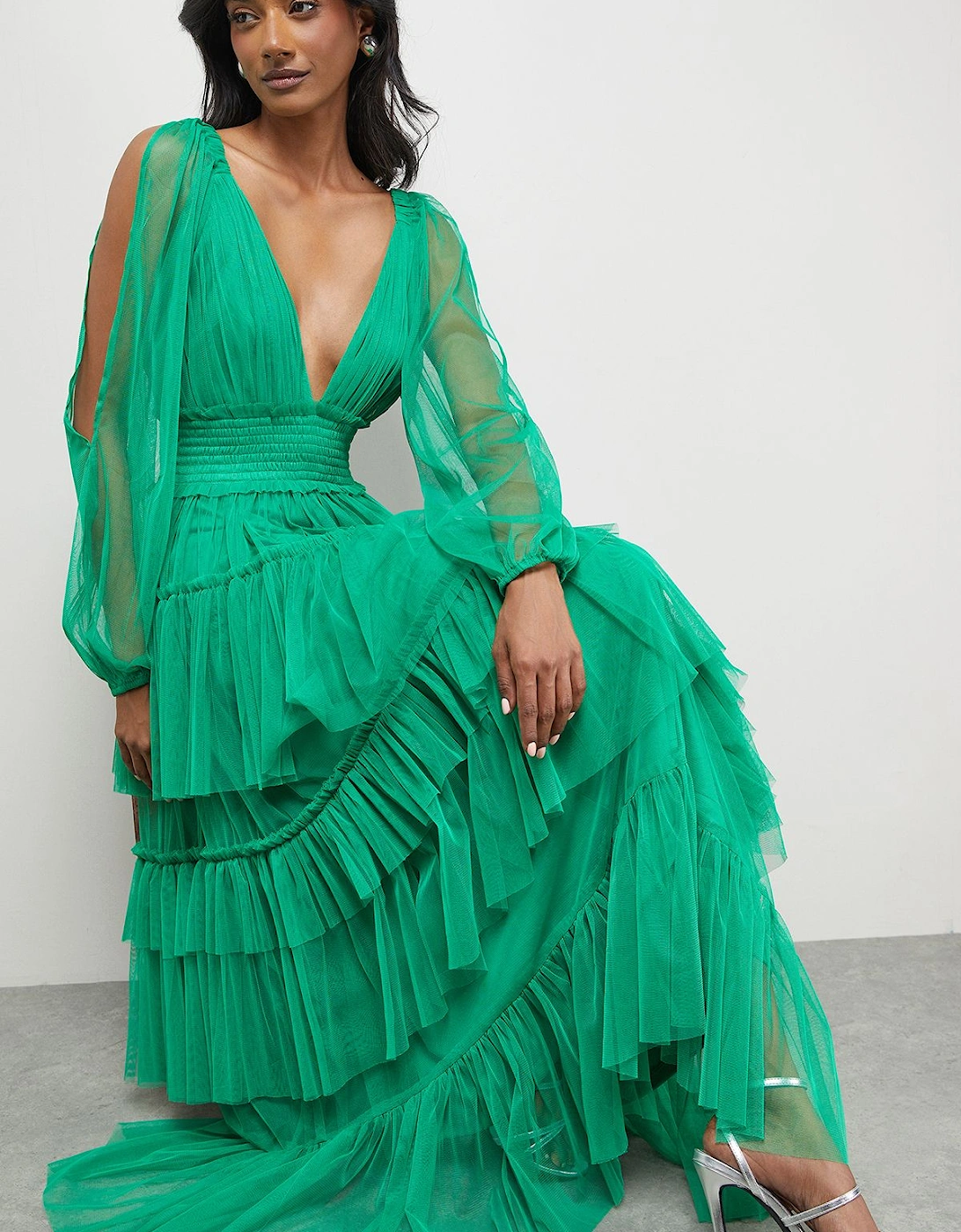 Tulle Long Sleeve Cinched Waist Maxi Dress, 2 of 1