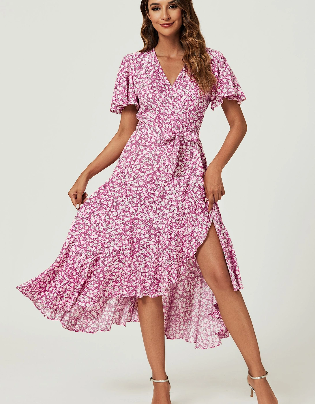 Floral Print Midi Wrap Dress In Pink, 2 of 1