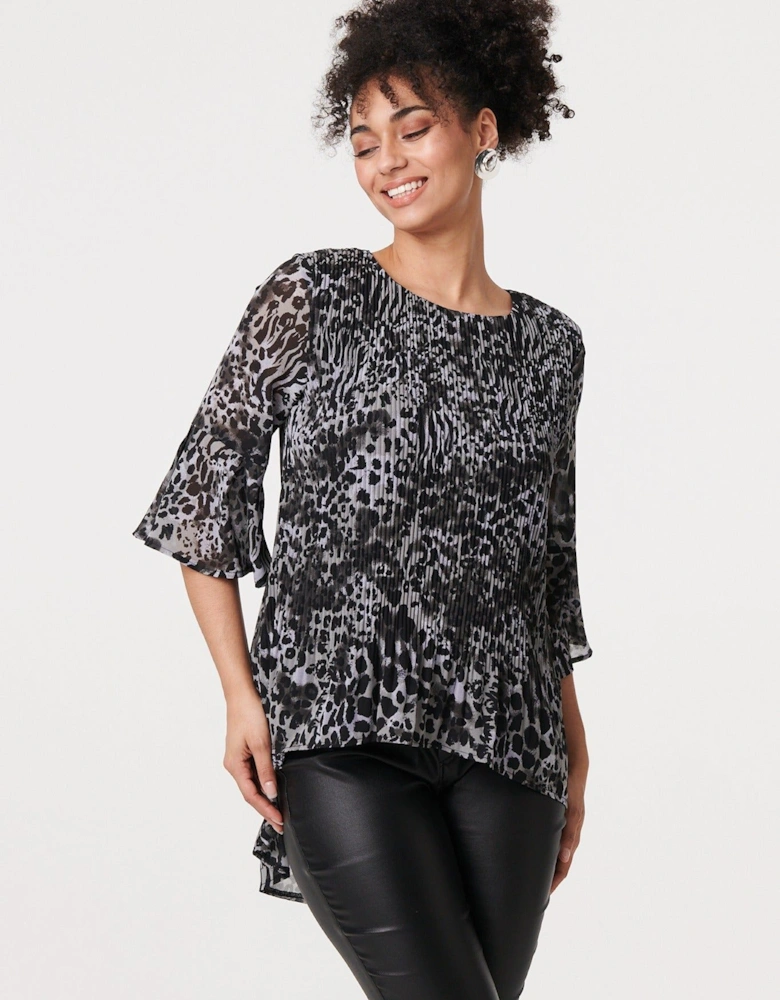 Animal Print Sheer Pleated Blouse