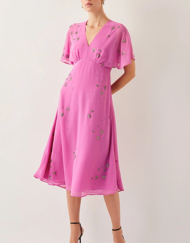 Candice Embellished Flutter Sleeve Midi Dress Pink