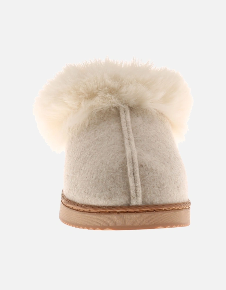 Womens Mule Slippers Soft Fleece Faux Fur Fudge beige UK Size