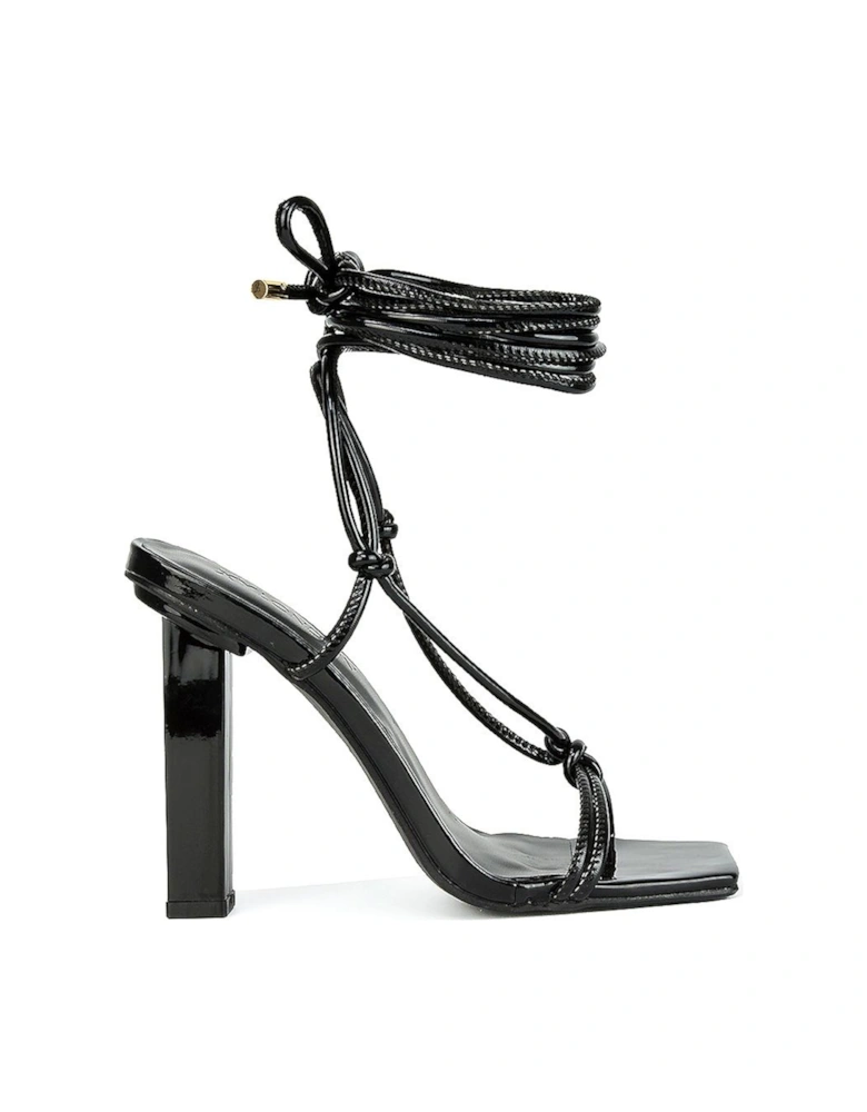 'Tanner' Strappy Sandals Square Toe Knotted Detail Lace Tie Up High Block Heels