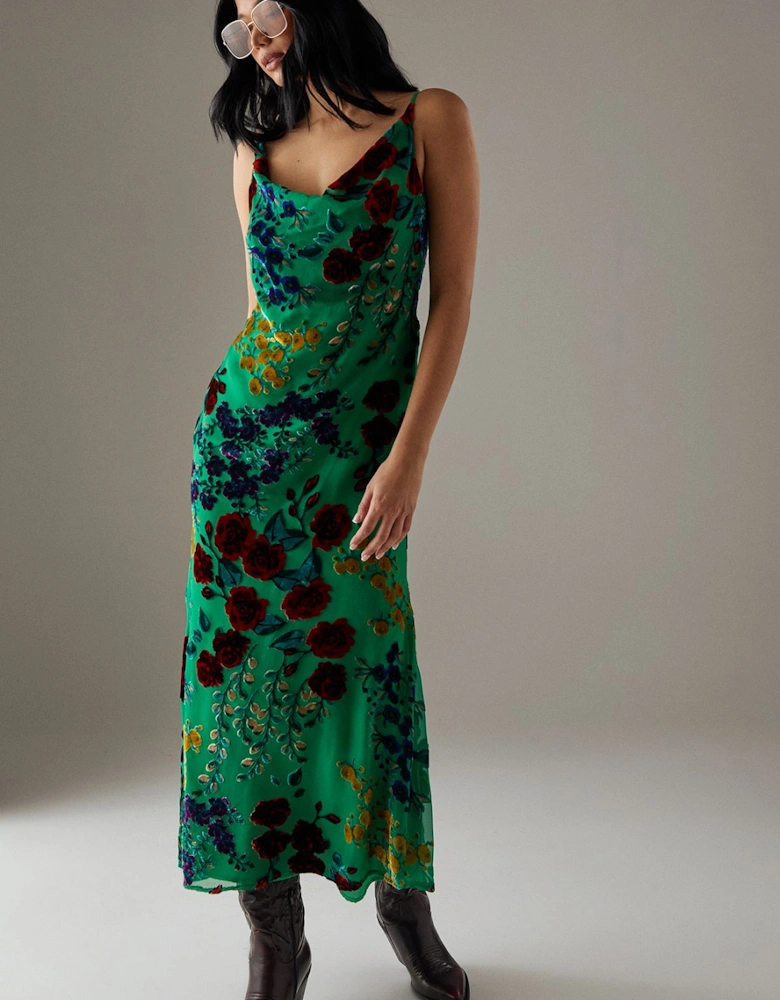 Premium Burnout Cowl Neck Strappy Midi Slip Dress