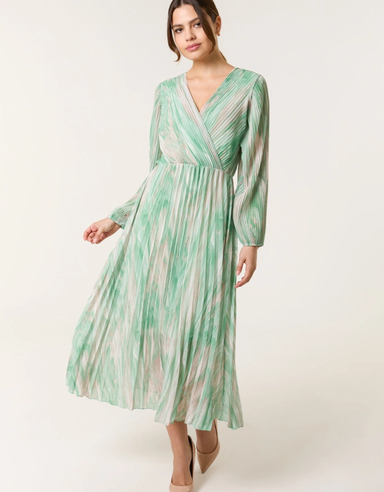Green Watercolour Printed Wrap Pleated Midi Dress