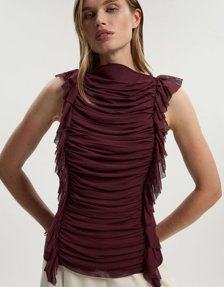 Bandage Mesh Gathered Ruffle Knit Top