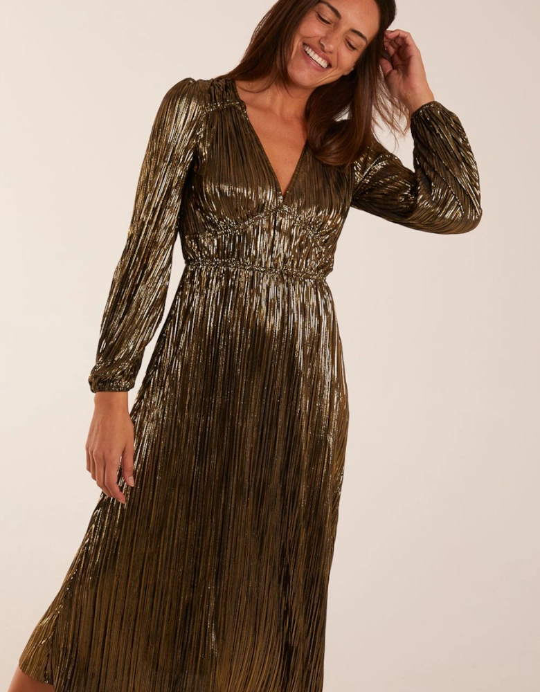Plisse V Neck Elasticated Midi Dress