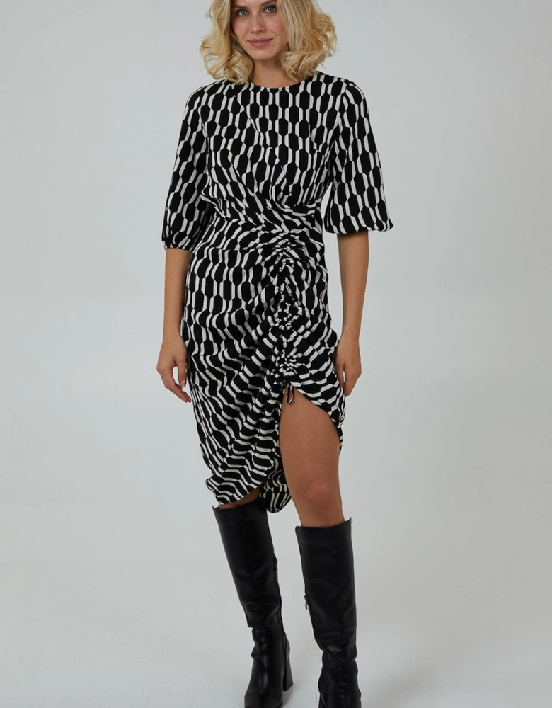 Mono Geo Print Ruched Hem Dress