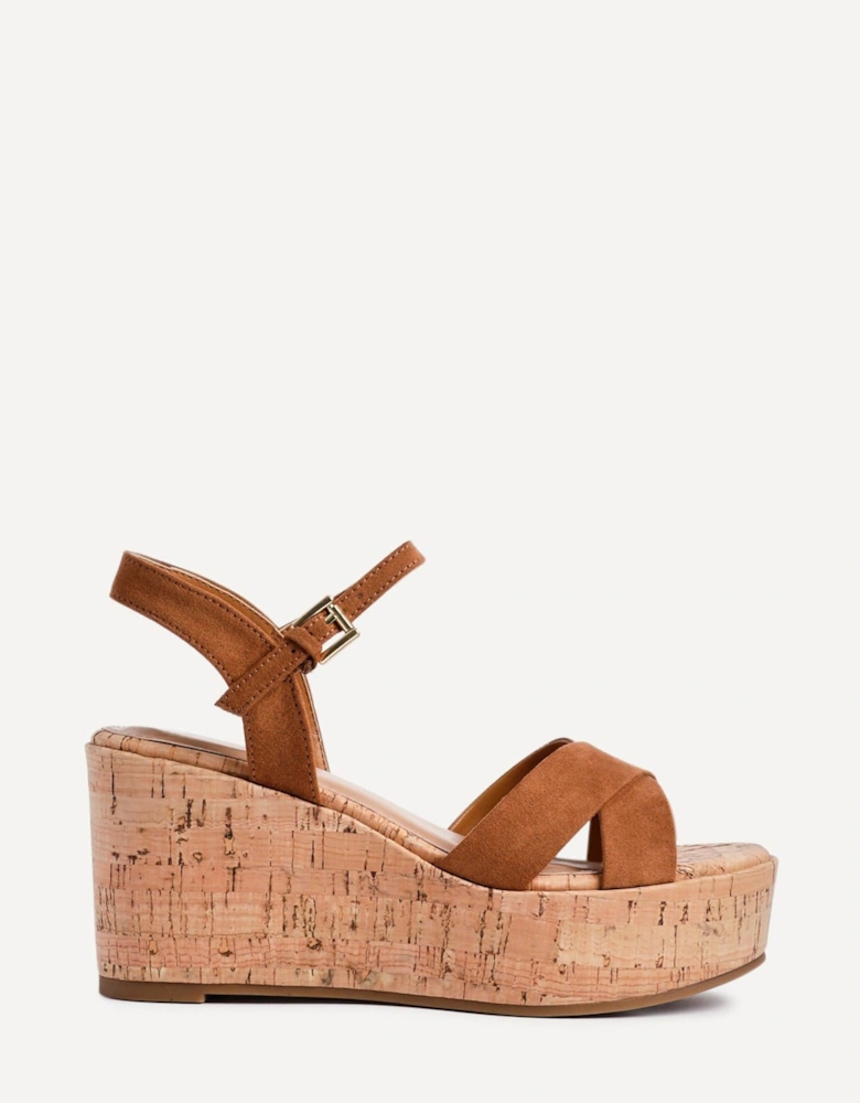 Vivid Tan Faux Suede Crossover Cork Wedge