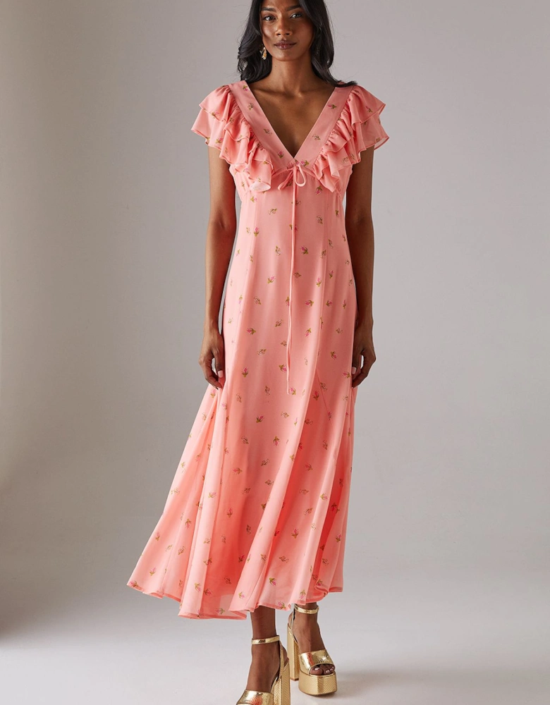 Floral Frill Tie Front Midi Tea Dress