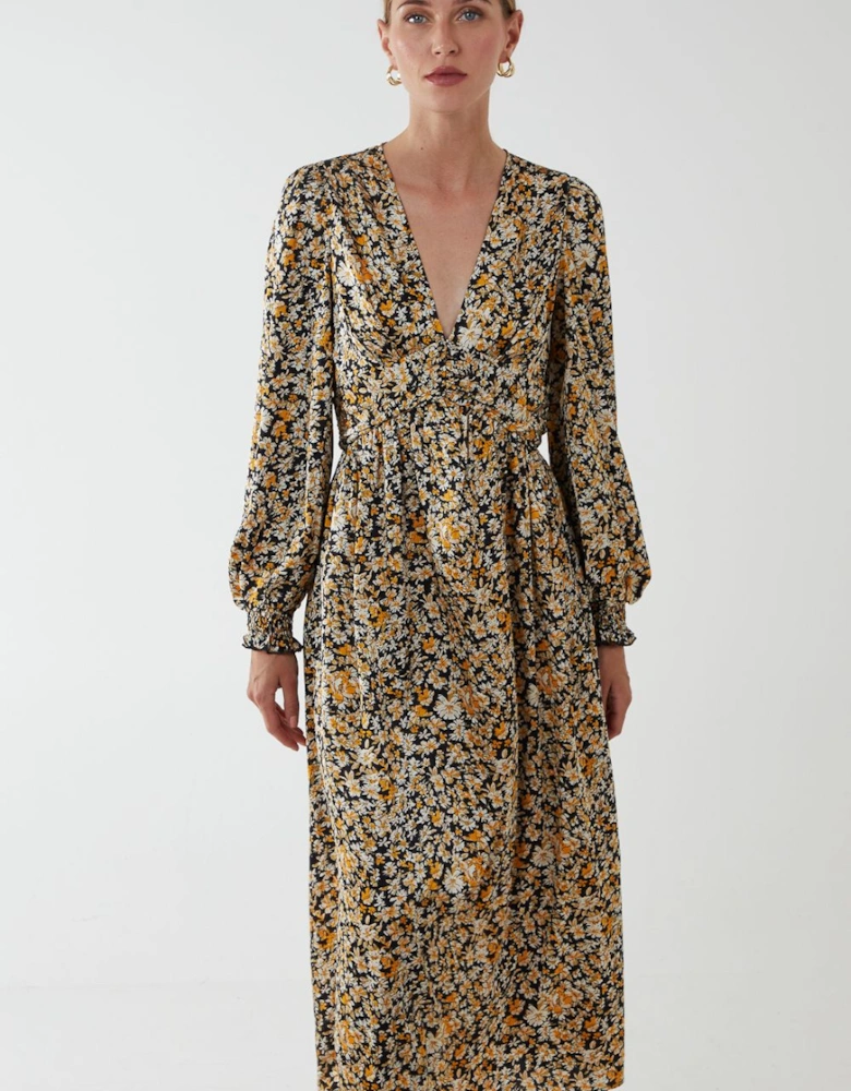 Ruched Deep V Volume Midi Dress