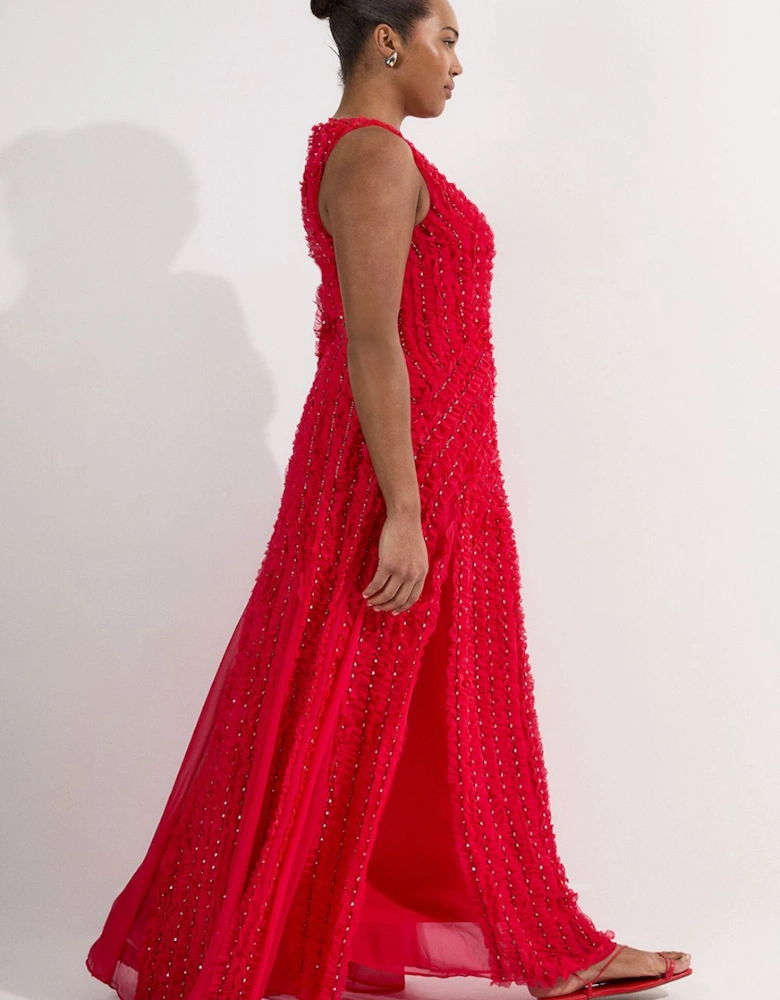 Plus Size Embellished Ruffle Keyhole Cutout Woven Maxi Dress